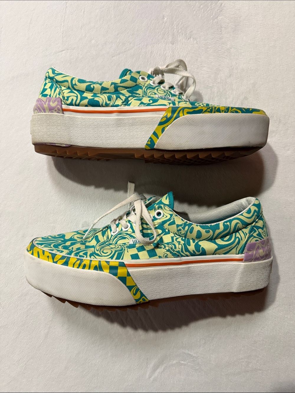 Vans Women's Teal and Cream Floral Checker Platform Sneakers - Picture 3 of 7